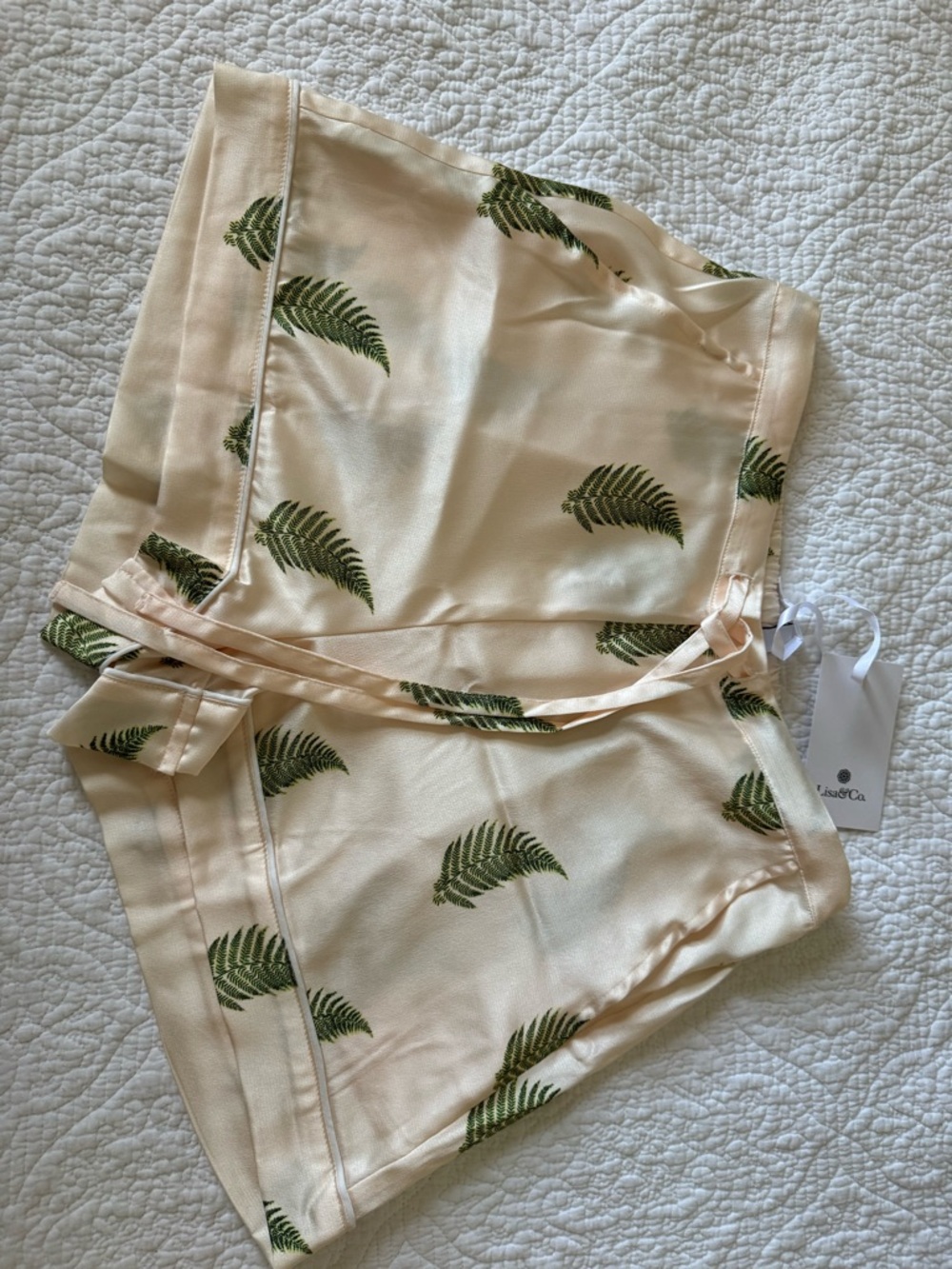Cream Fern-Print Satin Sleep Shorts